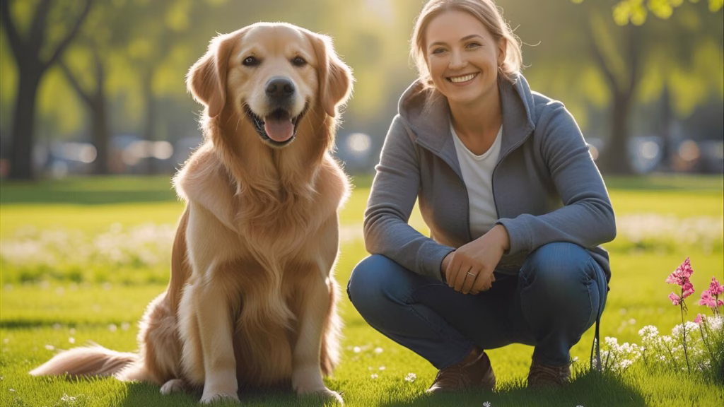 Well-trained golden retriever demonstrating perfect sit command with owner in park