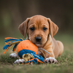 A puppy playing with toys during an obedience training session