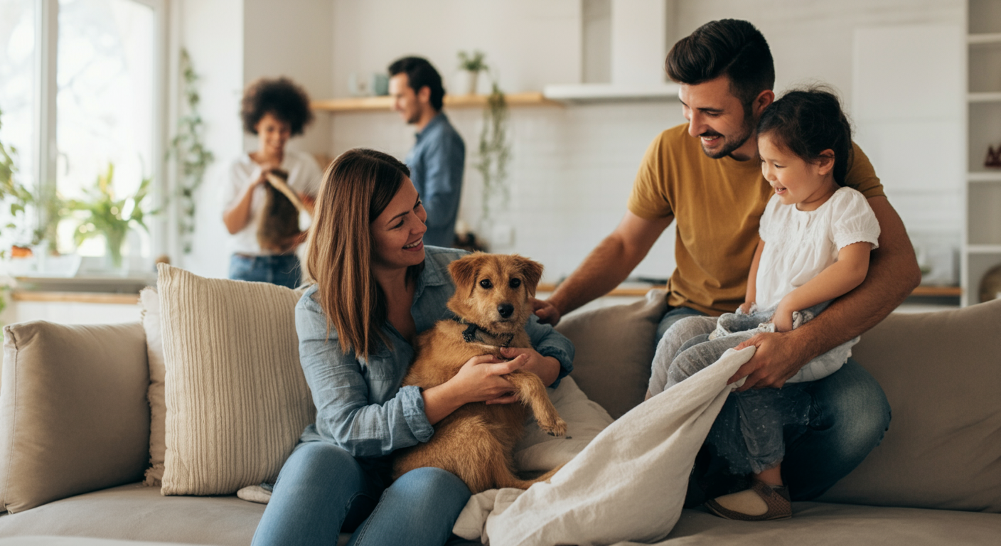 Family preparing home for a new pet