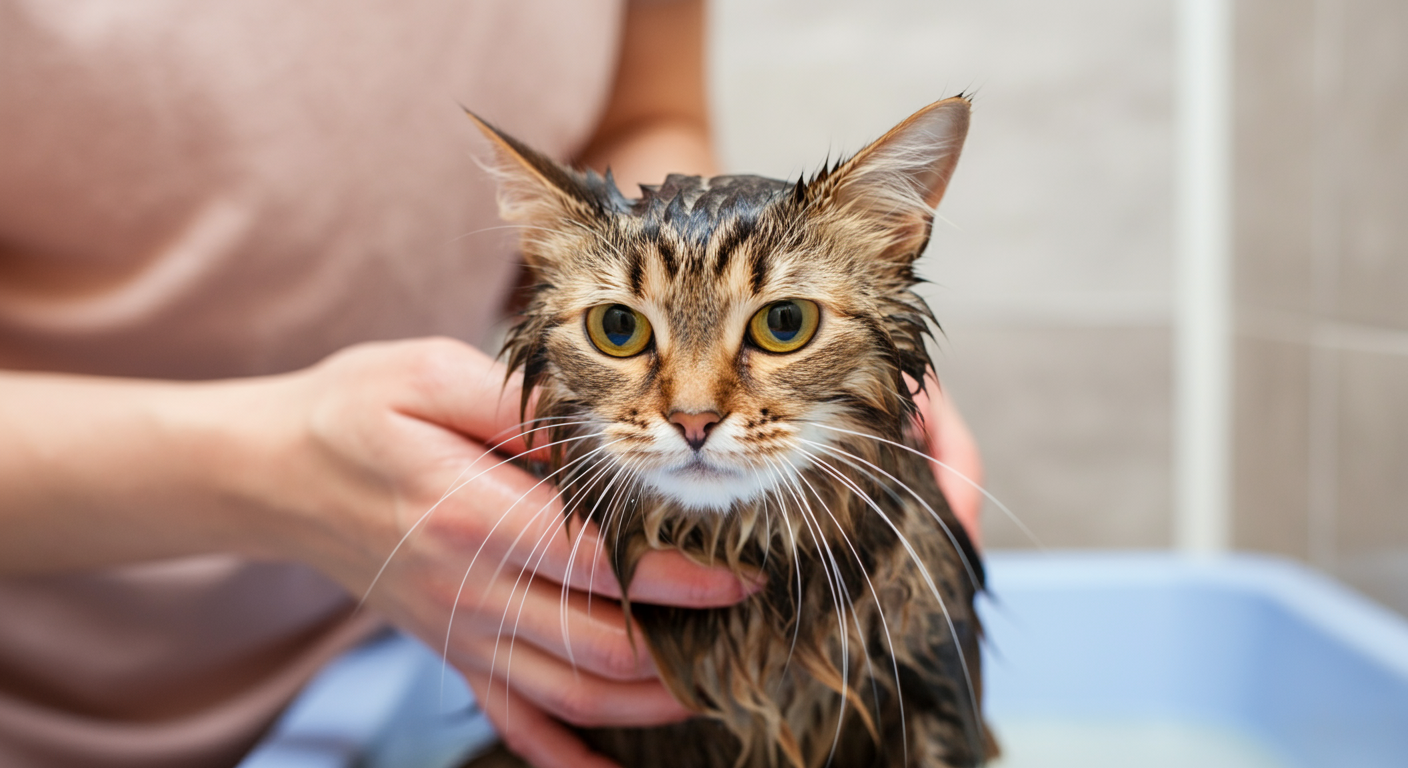 a cat being gently washed