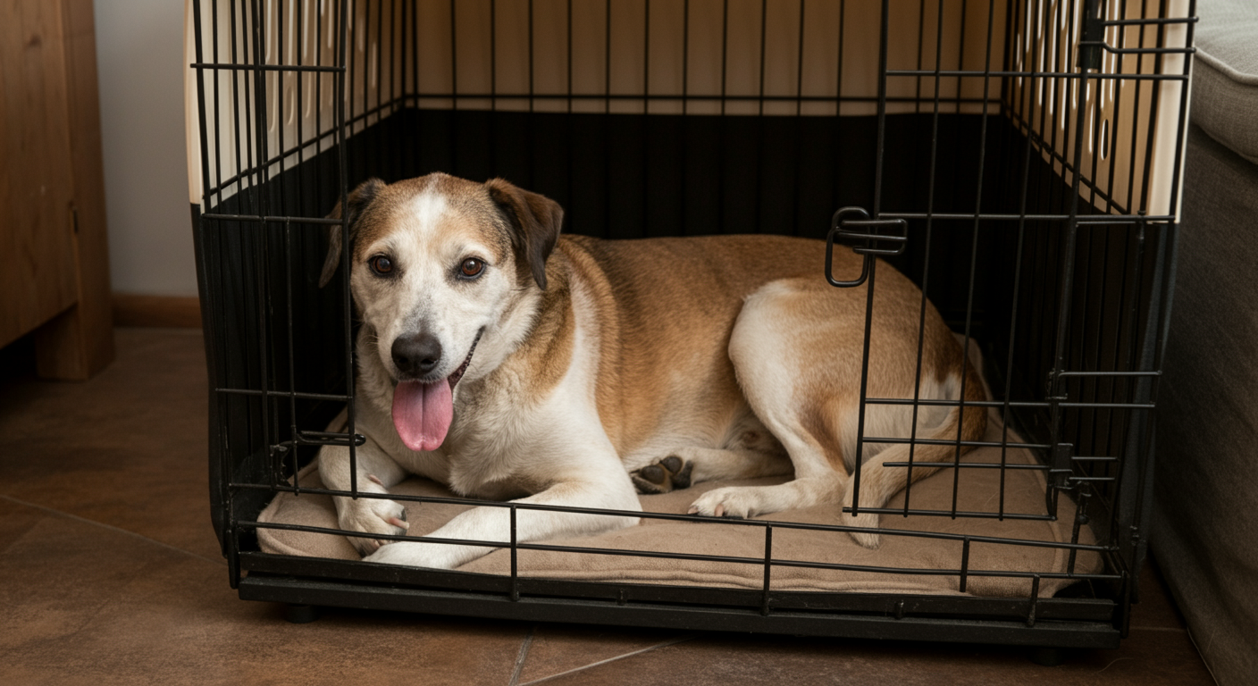 a dog relaxing in a crate