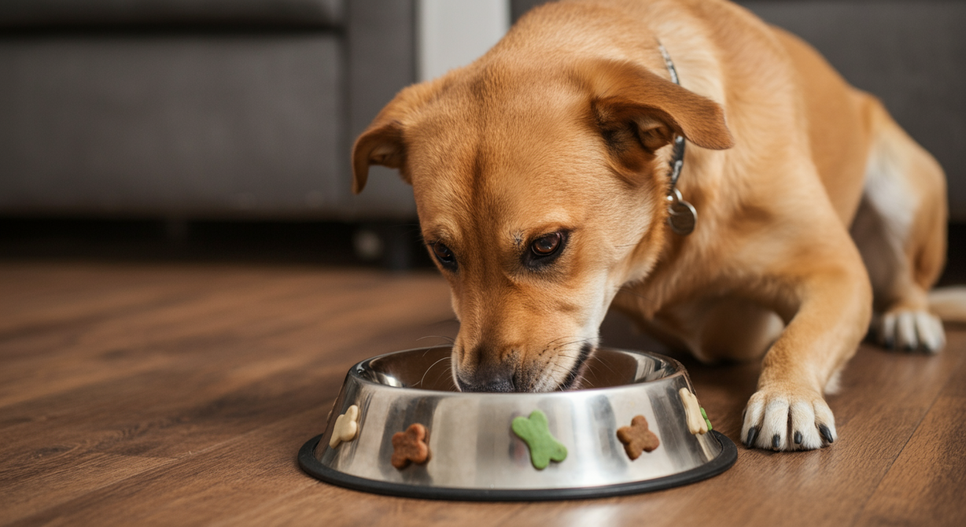 Dog enjoying a meal of dry food