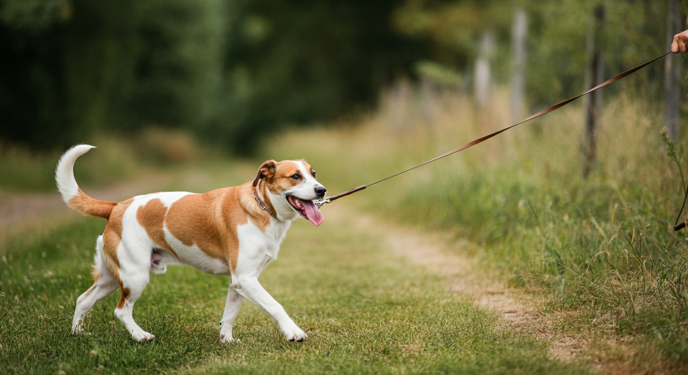 Dog walking politely on a leash