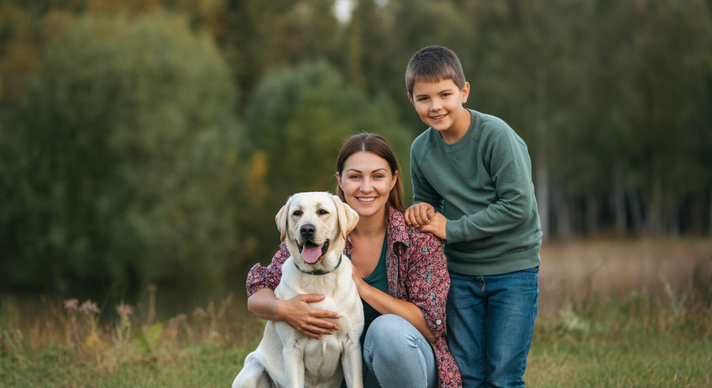 Happy family adopting a senior dog