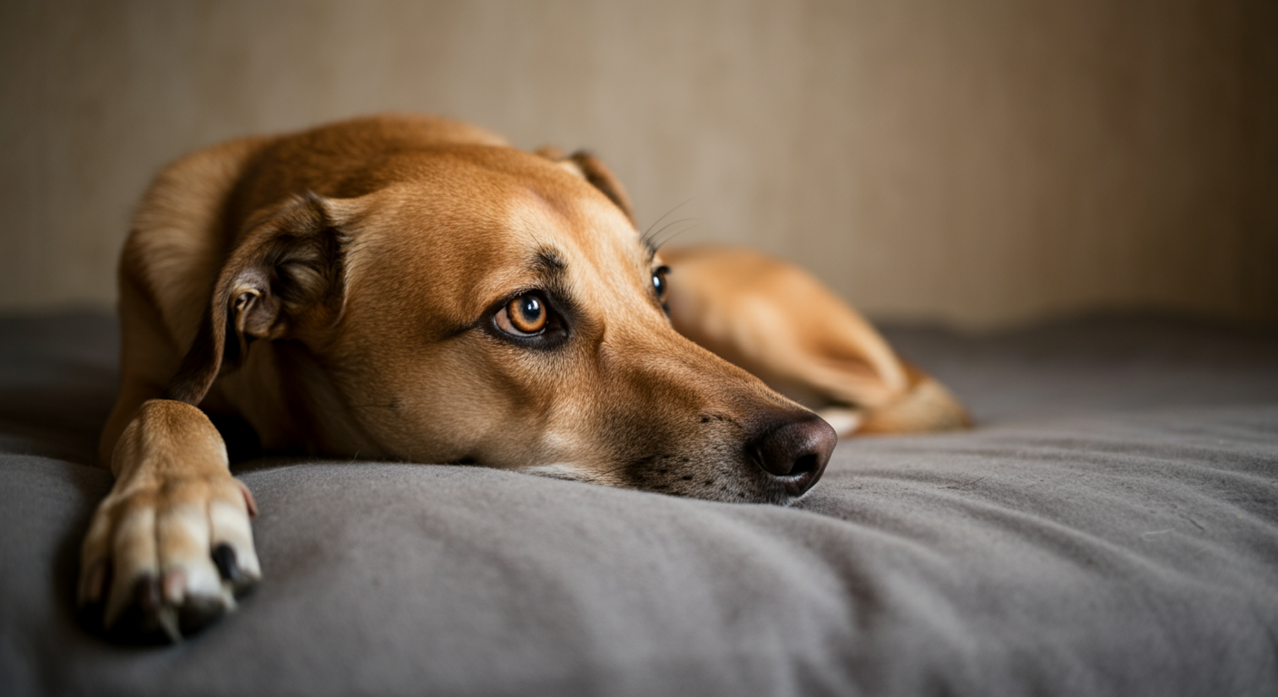 Calm dog resting on a bed