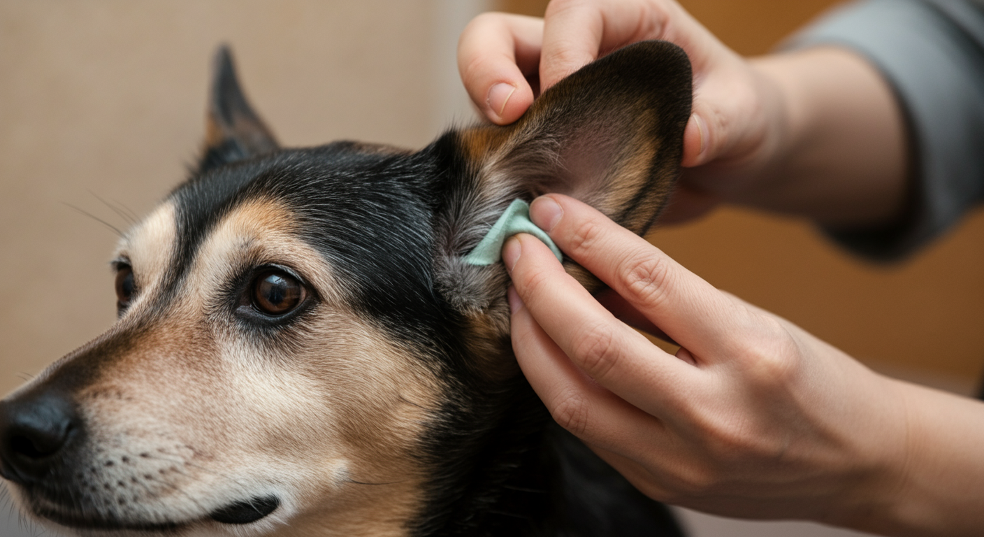 Dog having ears cleaned