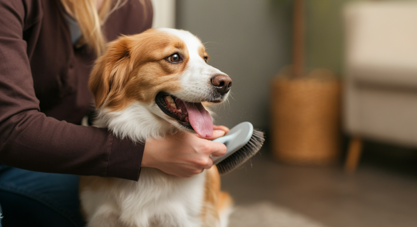 Dog being brushed by owner