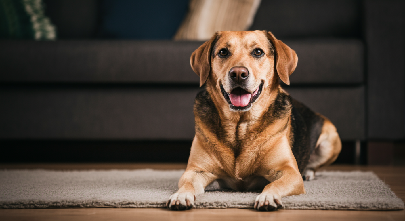 Happy dog relaxing at home