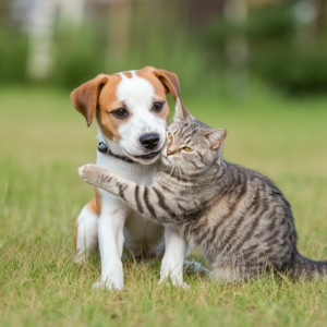 Shelter dog playing with shelter cat