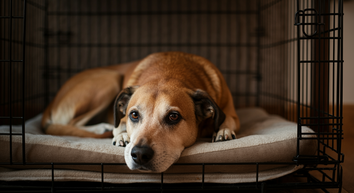 Calm dog resting in a crate