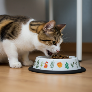 Cat eating from bowl during diet transition process