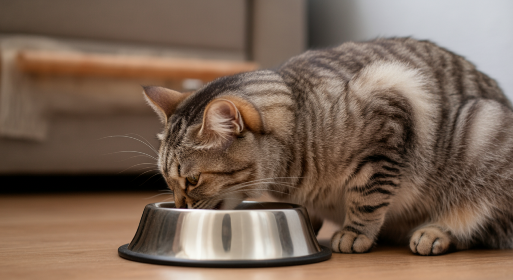 Cat eating from bowl during diet transition process