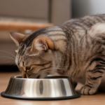 Cat eating from bowl during diet transition process