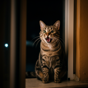 Cat meowing loudly at night near a window