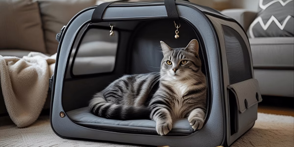 Gray tabby cat sitting calmly inside an open pet carrier in a sunlit living room