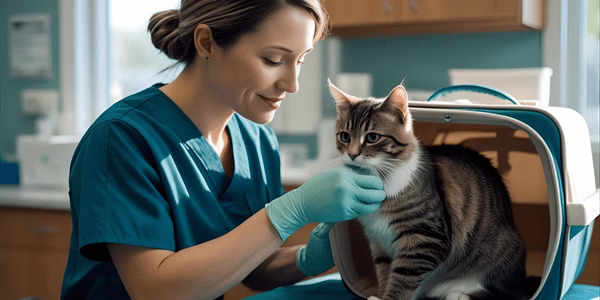 Veterinarian examining a cat sitting inside a carrier on a clinic table