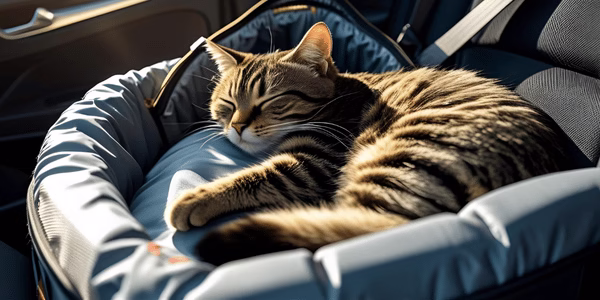 Tabby cat peacefully sleeping inside a carrier secured on a car seat during a road trip