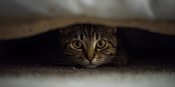 Cat hiding under a bed with wide eyes after moving to a new home.