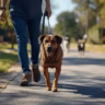 Calm dog and owner walking peacefully past another dog on a leash outdoors.