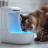 Tabby cat drinking from a modern smart water fountain with LED lights in a kitchen