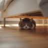 Tabby cat peeking from under bed in cozy bedroom