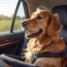 Happy golden retriever sitting calmly in a car seat wearing a harness during a car ride.